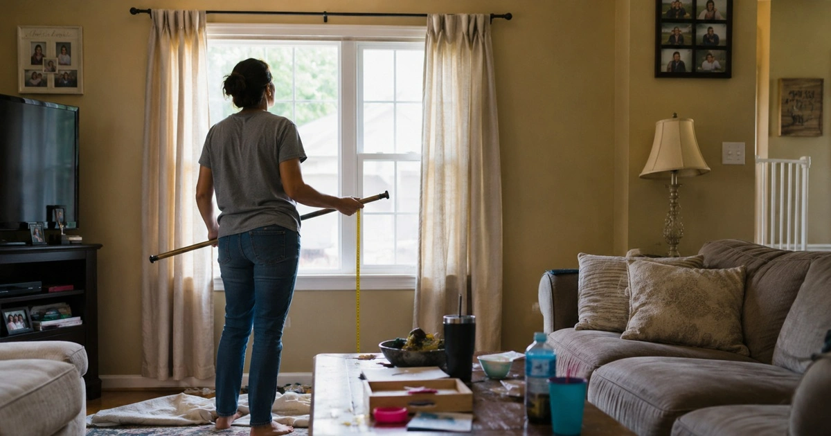 Create image Ultra-realistic candid documentary-style photograph of an average homeowner standing a few steps back in a modest living room, looking at their window while holding a curtain rod and tape measure, naturally deciding how to improve the space on a budget, existing curtains slightly too short, simple sofa, coffee table with everyday clutter, daylight entering through the window, lived-in family home with realistic imperfections, natural uneven lighting, no posing, no eye contact with camera, authentic household atmosphere, unstaged composition, highly detailed textures, true-to-life colors, 16:9 aspect ratio. Generated image: Measuring for a new curtain setup Edit Create polished images with higher accuracy Upgrade to create high quality visuals using information from the web with the new powerful Thinking model. Get Plus Measuring for a new curtain setup